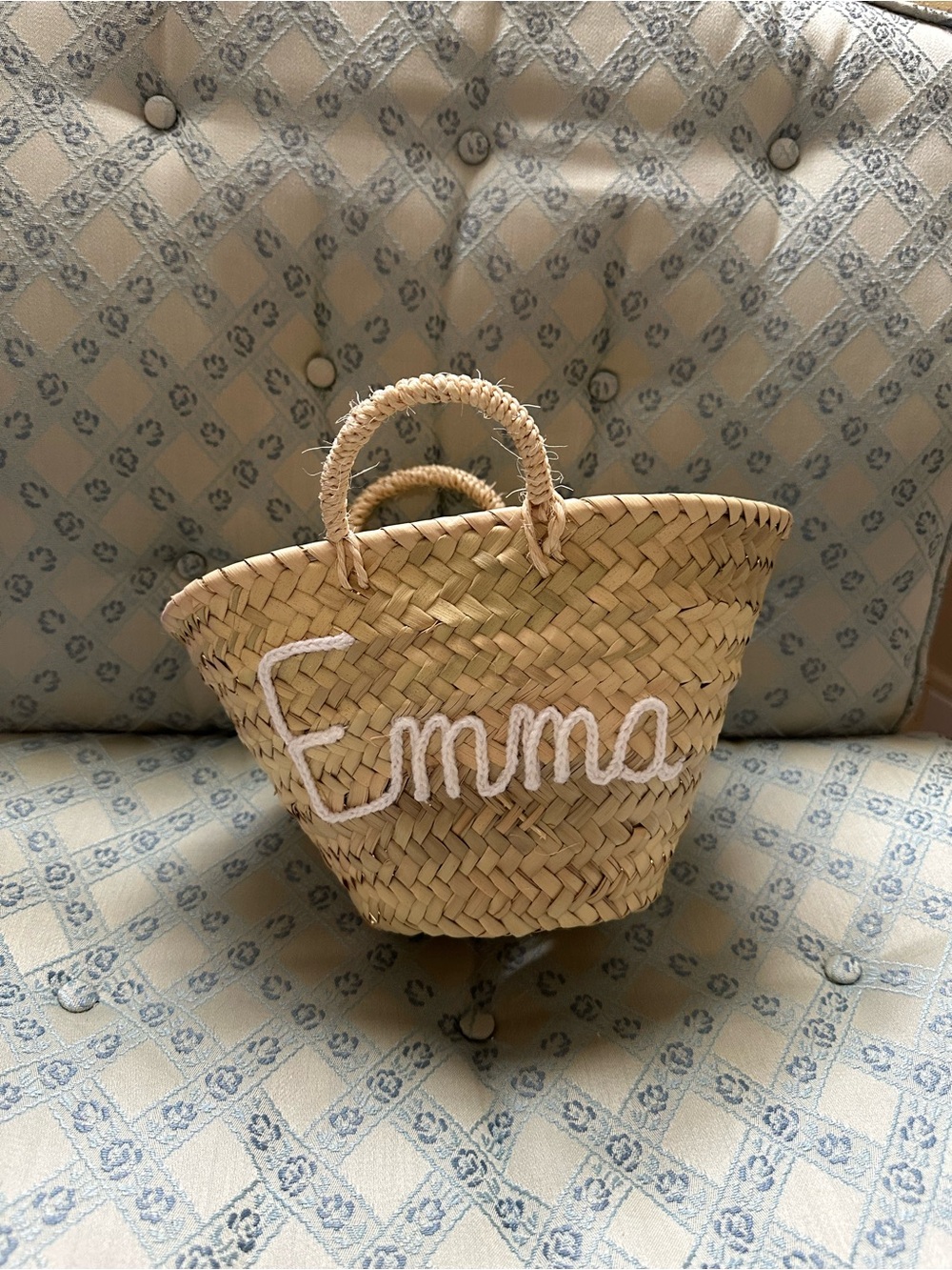 Personalized Moroccan Straw Basket with “Emma” in white crochet